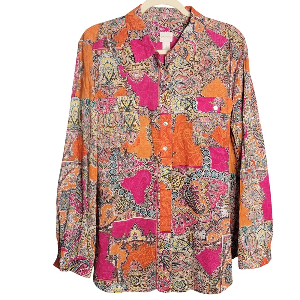 Chico's Button Up Shirt Womens 3/XL/16 Pink Orange Paisley Long Sleeve Cotton
